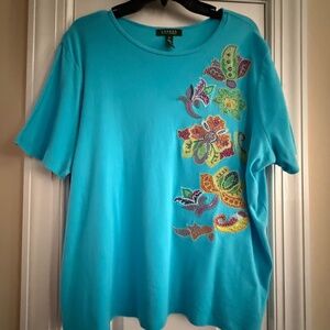 LRL Lauren Women's turquoise t shirt w/ floral embroidery and beading.  Size 2X